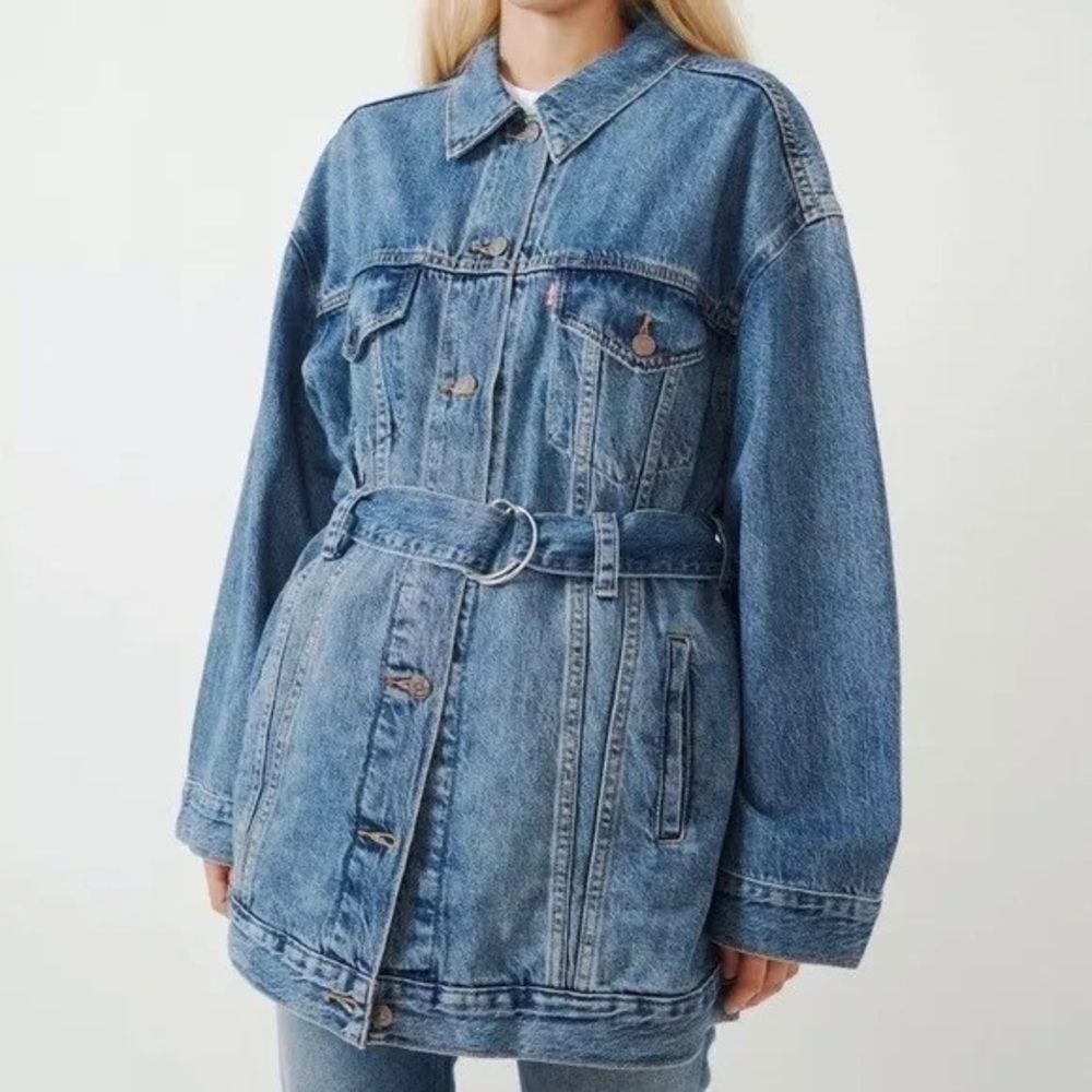 #B7 Levis Belted Trucker Jacket Sz S Oversized Drop Shoulder Boyrfriend Style - Picture 8 of 12